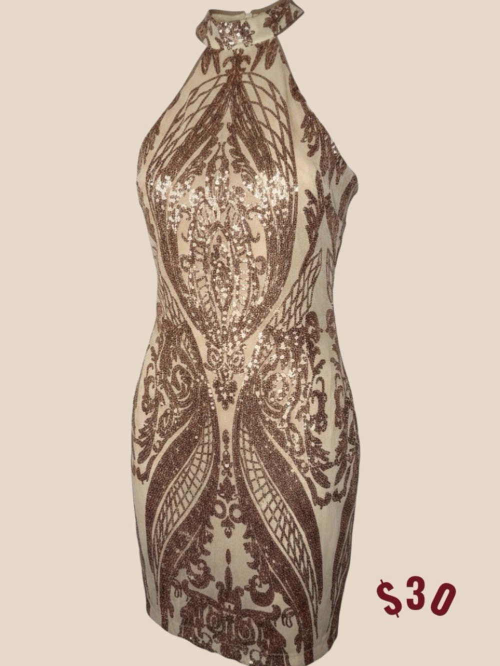Embellished Halter Mini Dress in Champagne/Bronze
